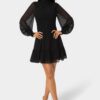 Long Sleeve Mock Neck Chifon Smocked Mini Dress