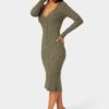 Button Front V-Neck Sweater Midi Dress